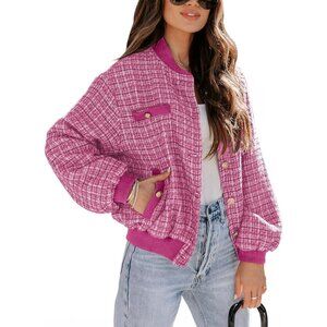 Womens Bright Pink Fashion Plaid Jacket Fall Winter Button Short Cropped Trendy